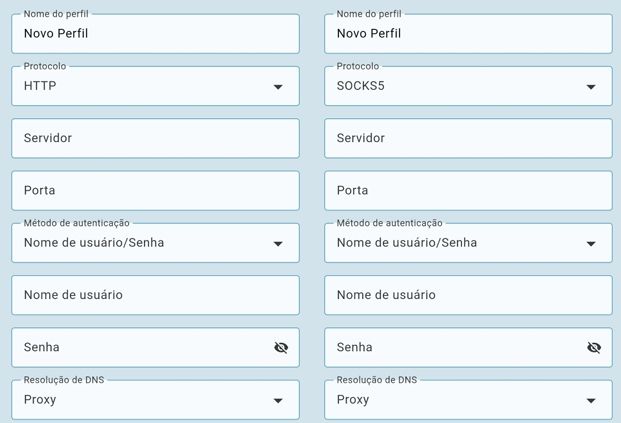 SuperProxy exemplos das telas de configuração em HTTP e SOCKS5
