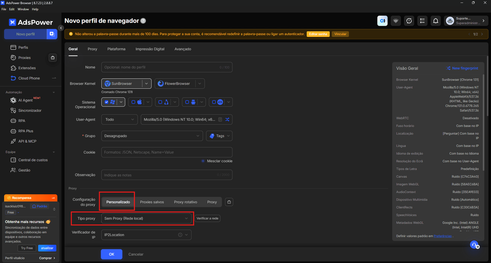 Configuracao personalizada proxy adspower