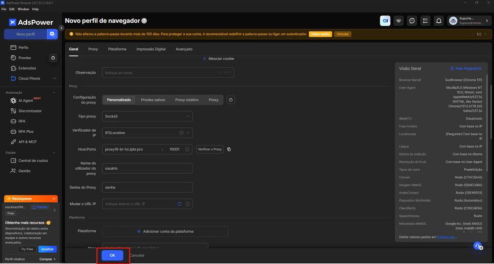 Salvar perfil proxy adspower
