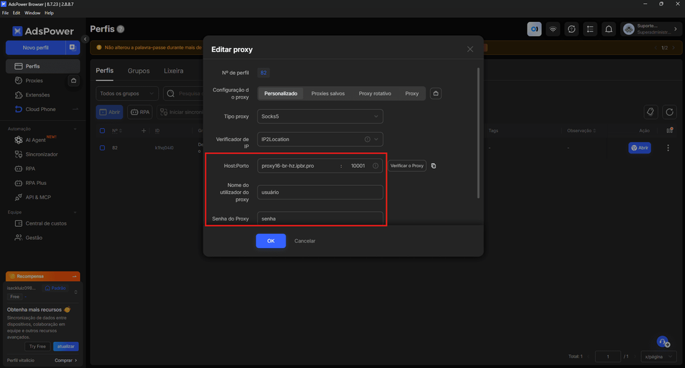 Salvar proxy perfil existente adspower