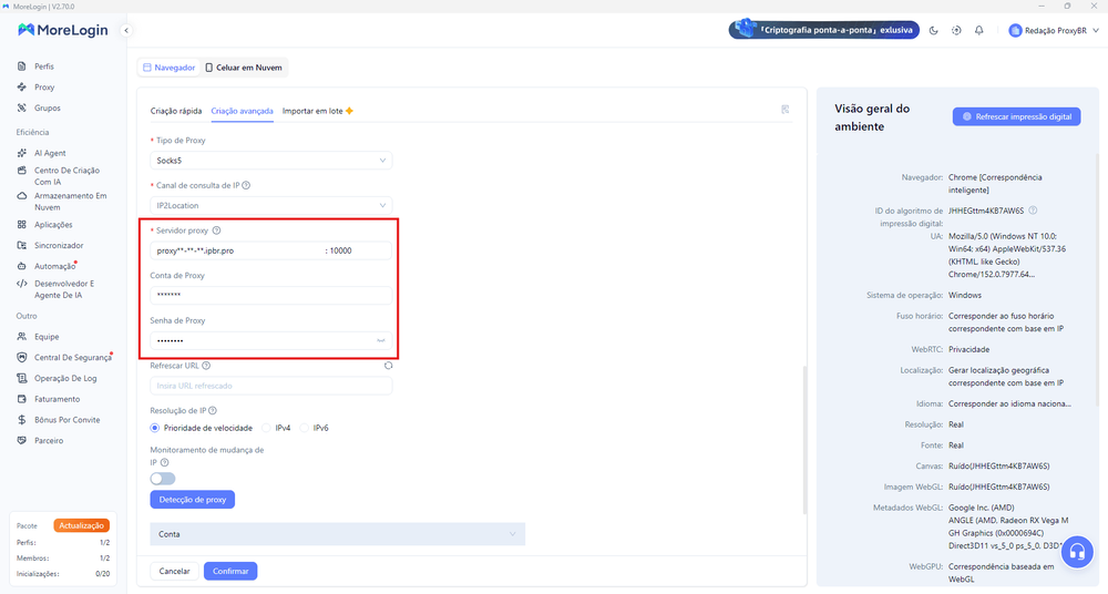 Cole o proxy completo e o MoreLogin separa automaticamente as informações