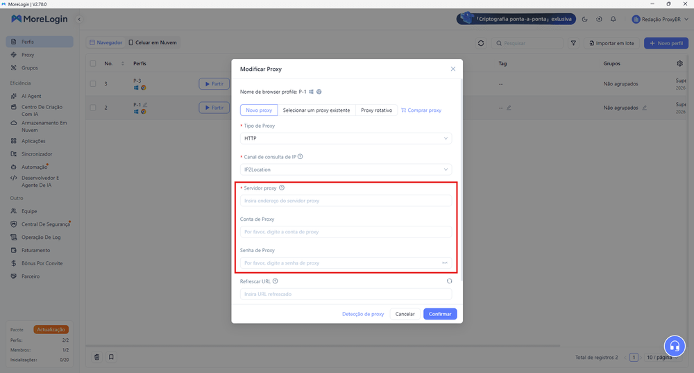 Cole seu proxy completo que o MoreLogin separa automaticamente as informações
