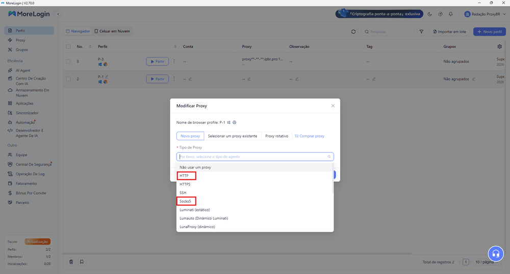 Seleciona o tipo de proxy que vai utilizar
