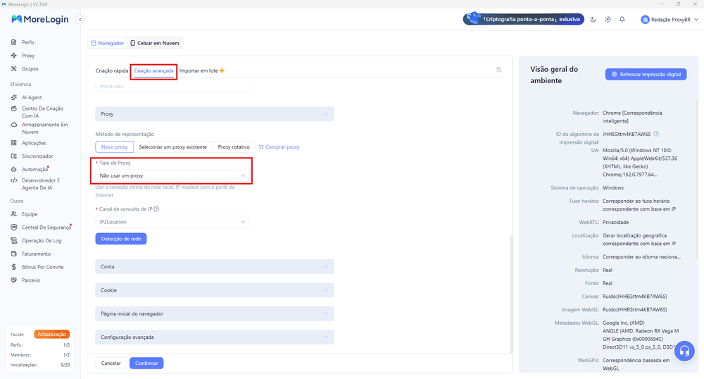 Selecione opção avançada e o tipo de proxy