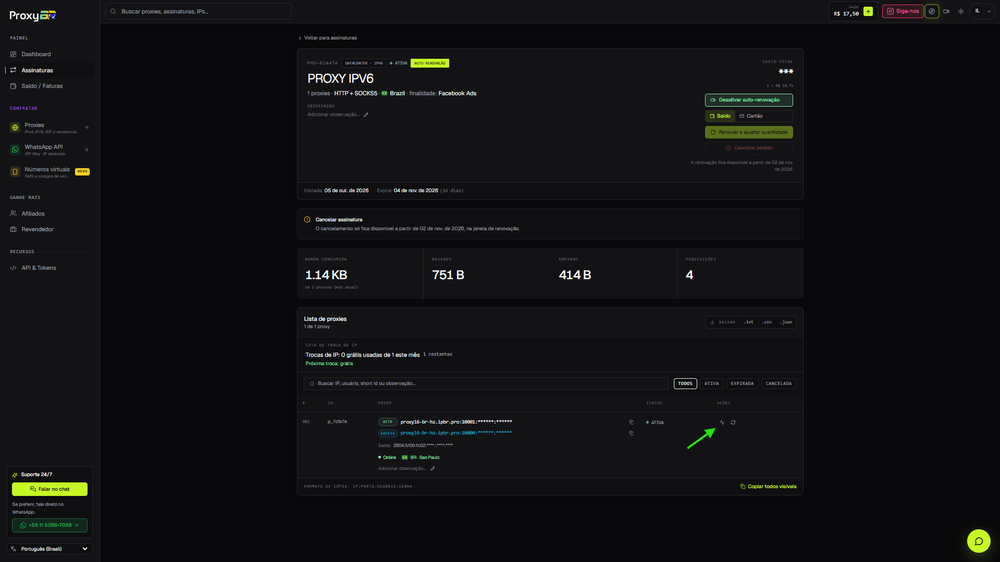 Captura do painel ProxyBR com o ícone de teste destacado na lista de proxies