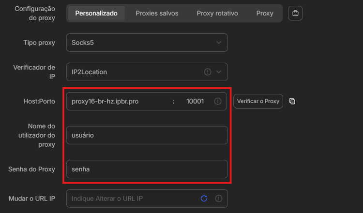 Dados proxy preenchidos adspower